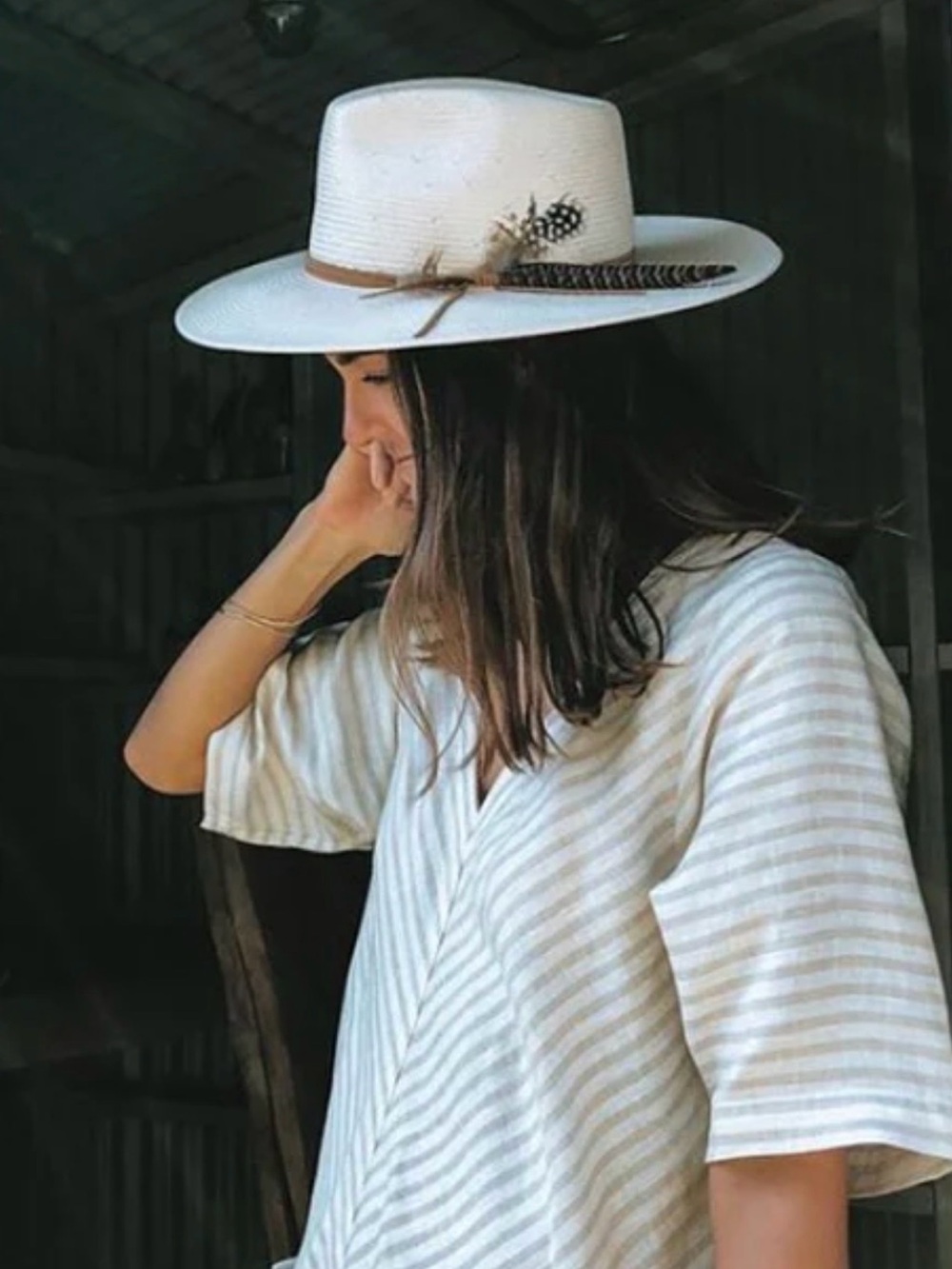 WYETH  Wide Brim Straw Fedora Hat with leather and Feather Trim OS